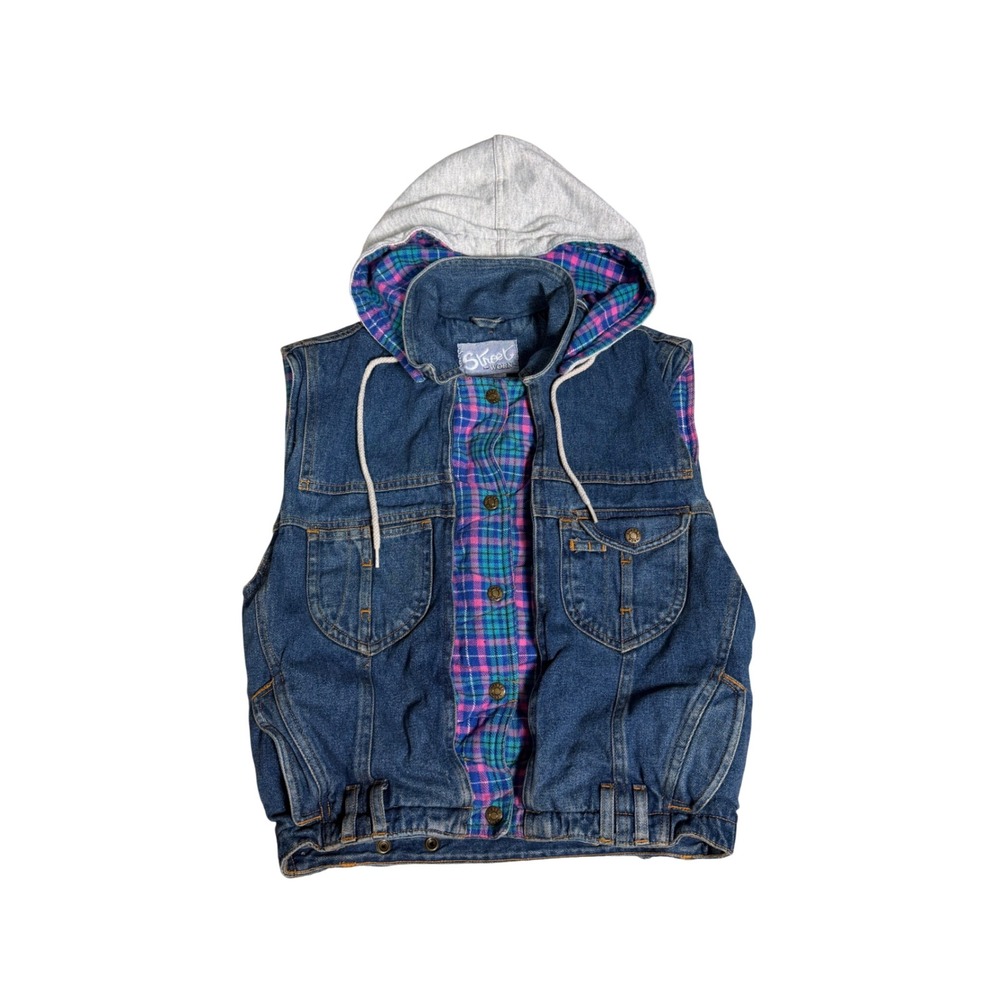 Street Worn Denim Vest Hoodie Plaid Lined Western Style Women Size 10
